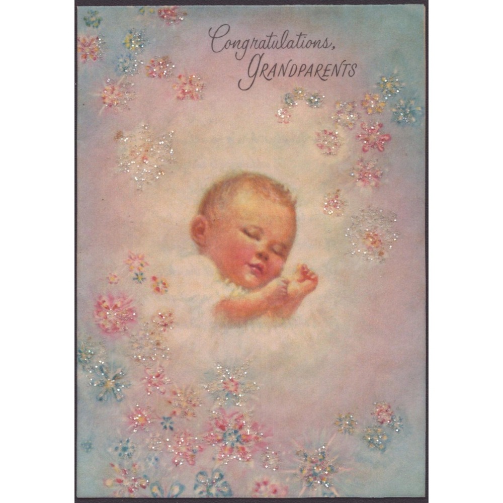 Vintage 1950s Norcross Congratulations Grandparents Card Glitter Baby